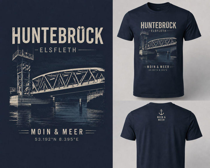T-Shirt Huntebrueck Elsfleth Vorder- und Rueckansicht Mockup mit Anker Nackenprint Moin und Meer