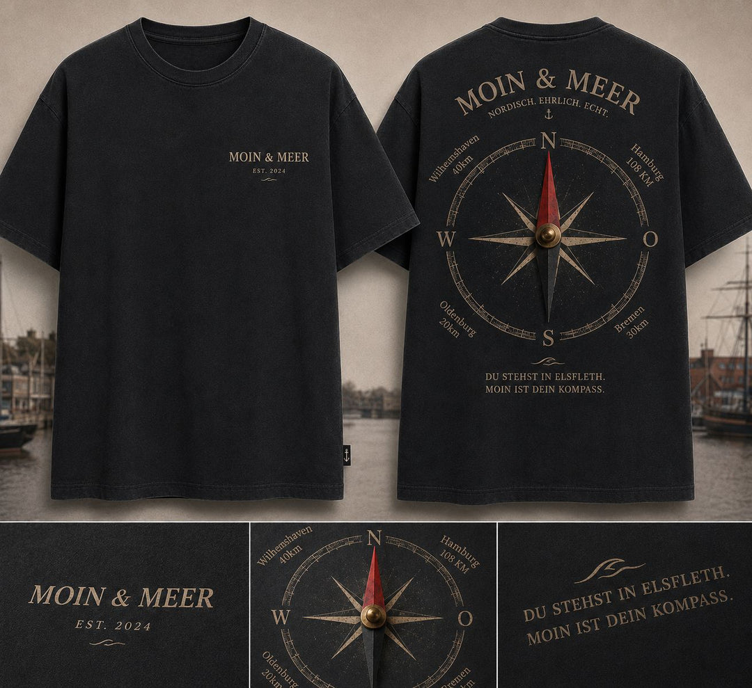 T-Shirt Kompass Elsfleth Vorder- und Rueckansicht Mockup mit Detail-Aufnahmen Moin und Meer Est 2024