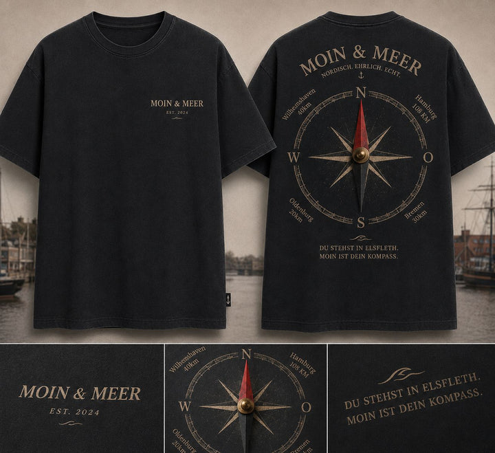 T-Shirt Kompass Elsfleth Vorder- und Rueckansicht Mockup mit Detail-Aufnahmen Moin und Meer Est 2024