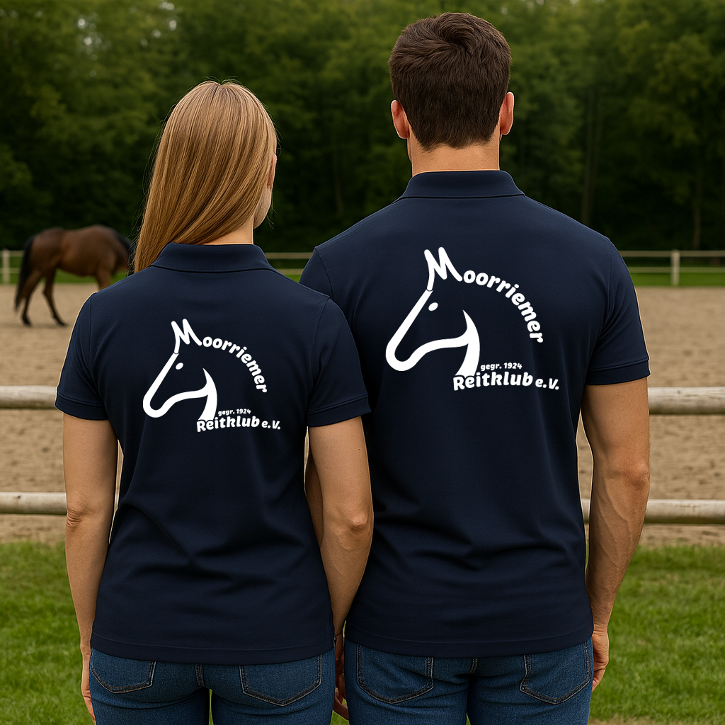 Moorriemer Reitklub Poloshirt Unisex – Vereinslogo – Navy Blau – Rückansicht