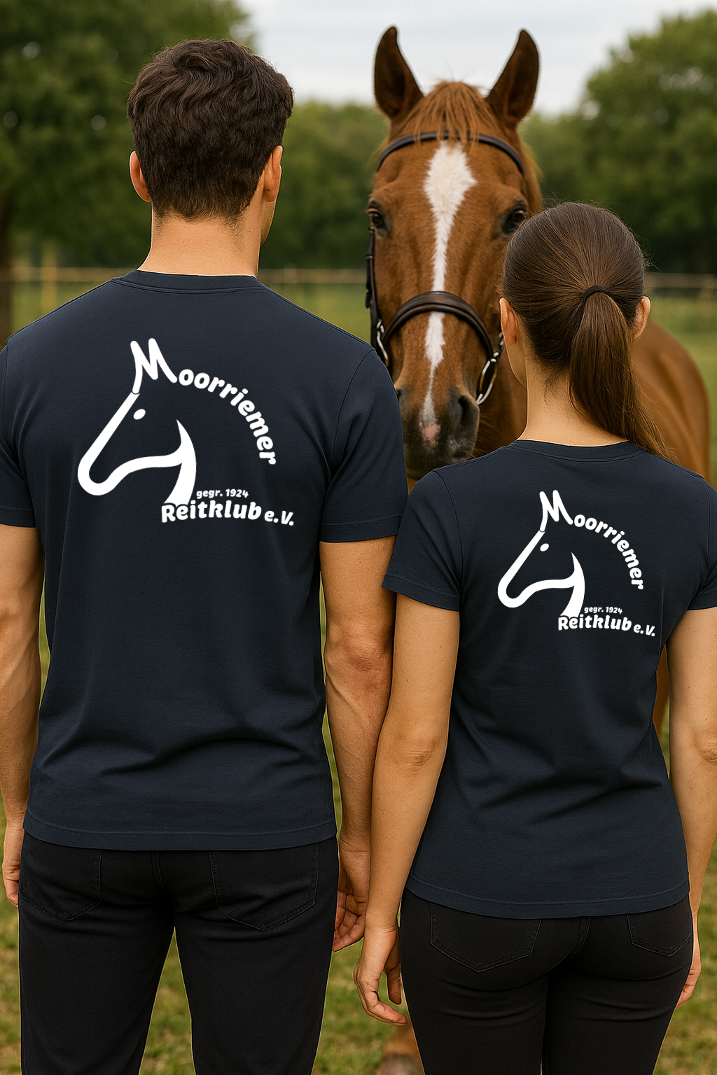 Moorriemer Reitklub T-Shirt Unisex – Vereinslogo – Navy Blau – Rückansicht