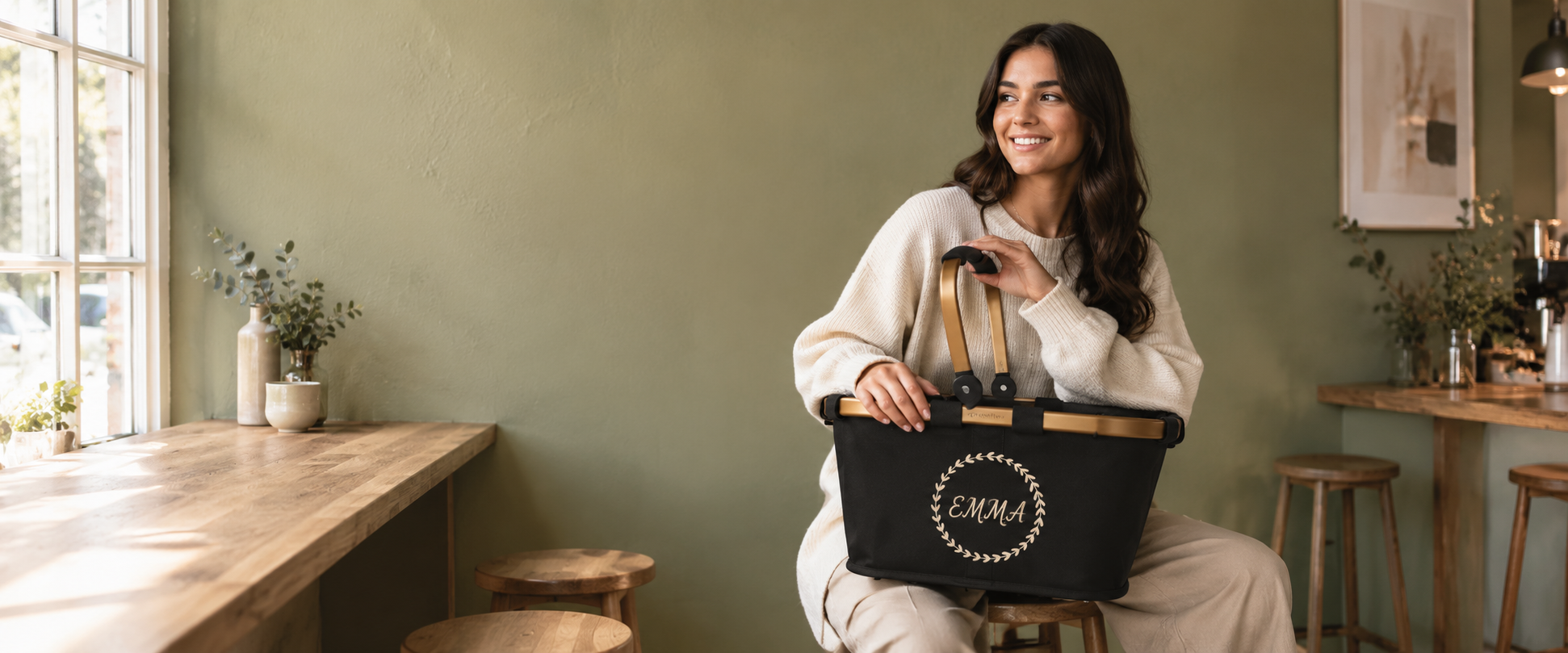 Frau mit personalisiertem reisenthel carrybag in Schwarz-Gold, bestickt mit dem Namen Emma im Blumenkranz-Motiv