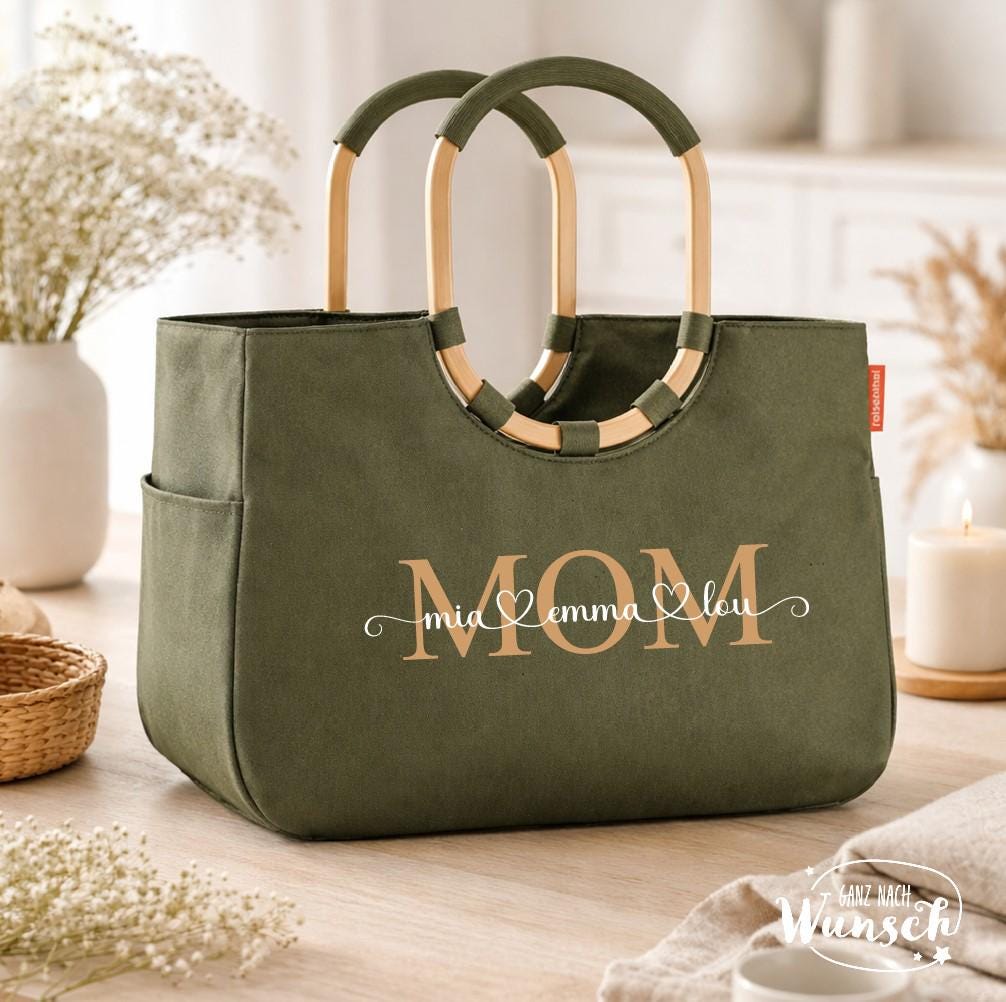 Reisenthel Loopshopper L in Olive mit personalisiertem MOM-Schriftzug und Kindernamen