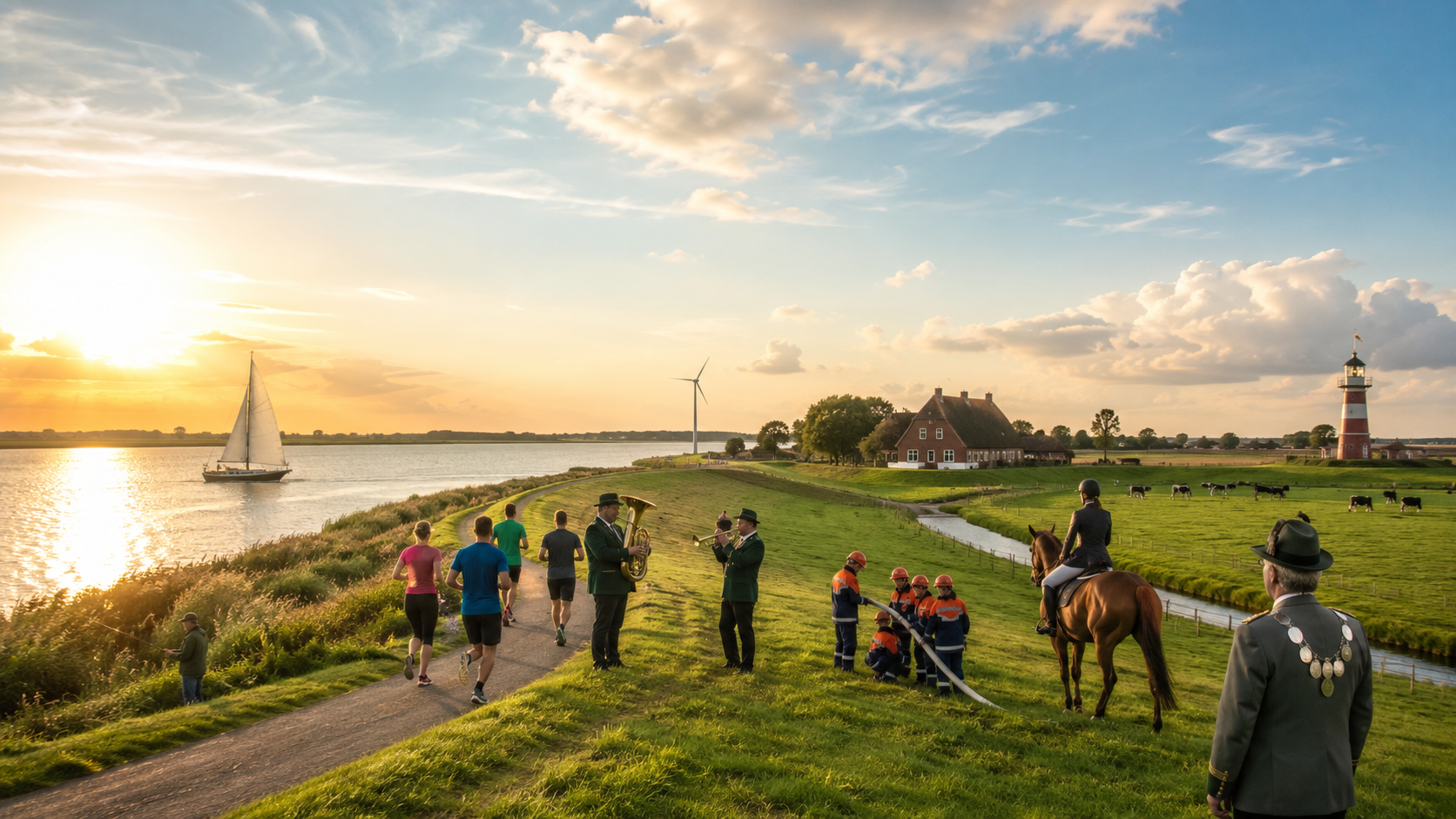 Vereinsleben in der Wesermarsch: Sportler, Musiker der Blaskapelle, 
Jugendfeuerwehr, Reiterin und Schützenverein gemeinsam auf dem Deich 
an der Weser bei Sonnenuntergang – mit Reetdachhaus und Leuchtturm 
im Hintergrund.