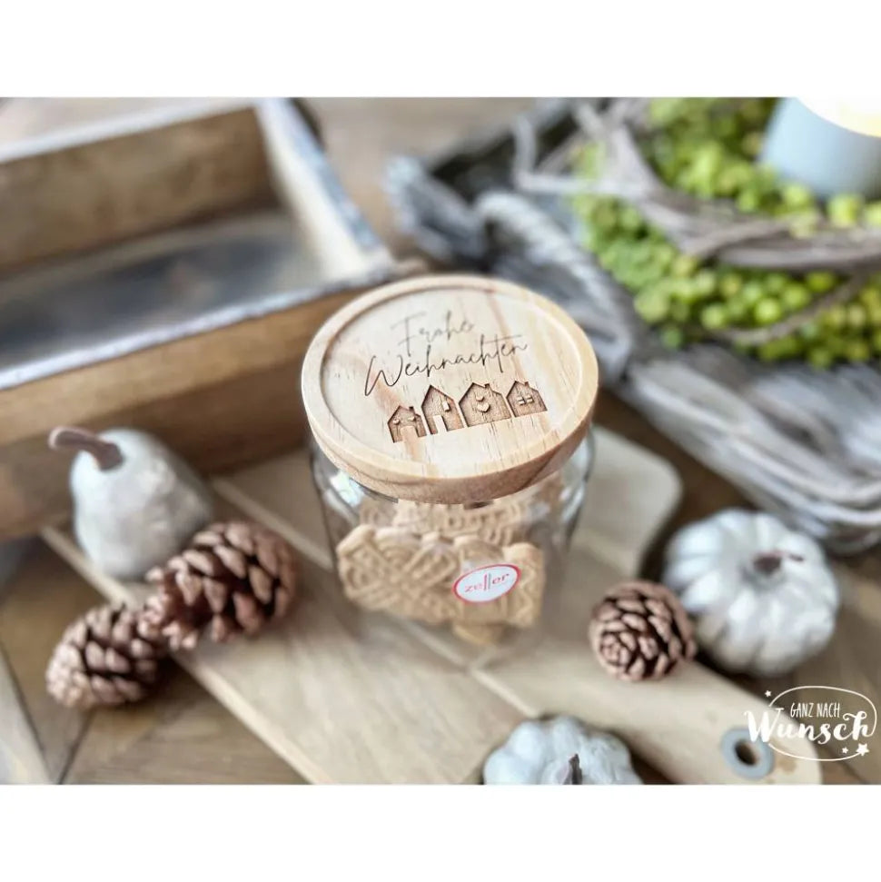 Keksglas „Frohe Weihnachten“ mit Holzdeckel