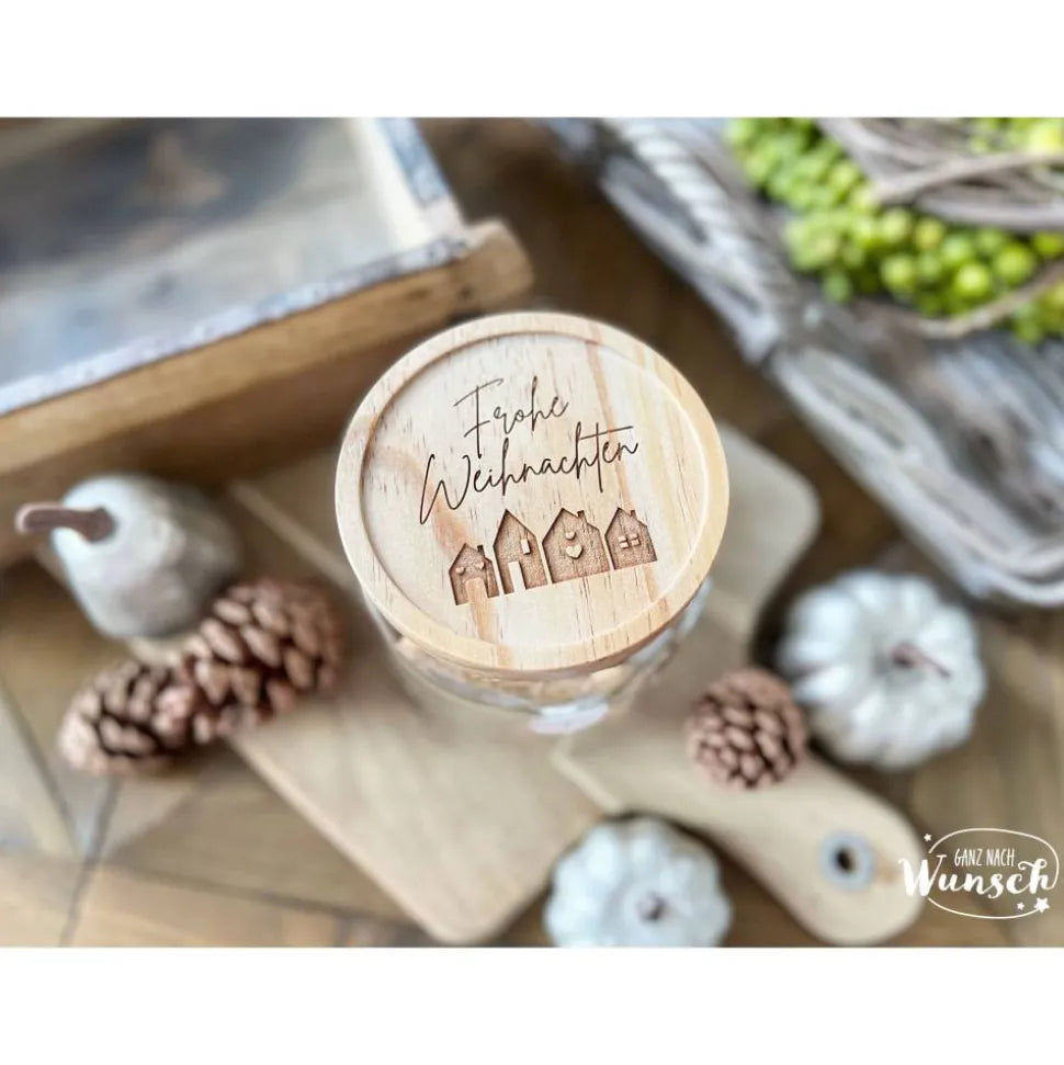 Keksglas „Frohe Weihnachten“ mit Holzdeckel