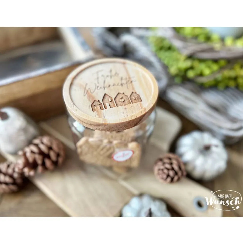 Keksglas „Frohe Weihnachten“ mit Holzdeckel