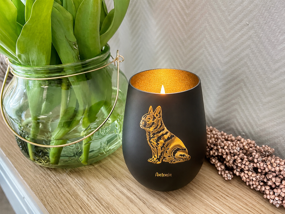 Windlicht Französische Bulldogge personalisiert mit Namen – Andenken