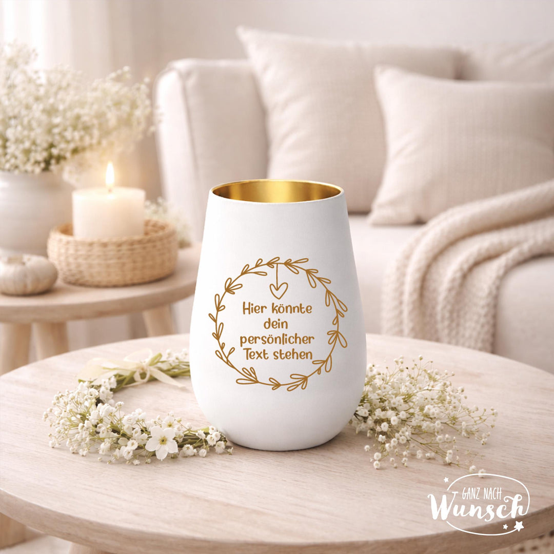 Windlicht „Wunschlicht“ mit Blumen, Herz und Wunschtext