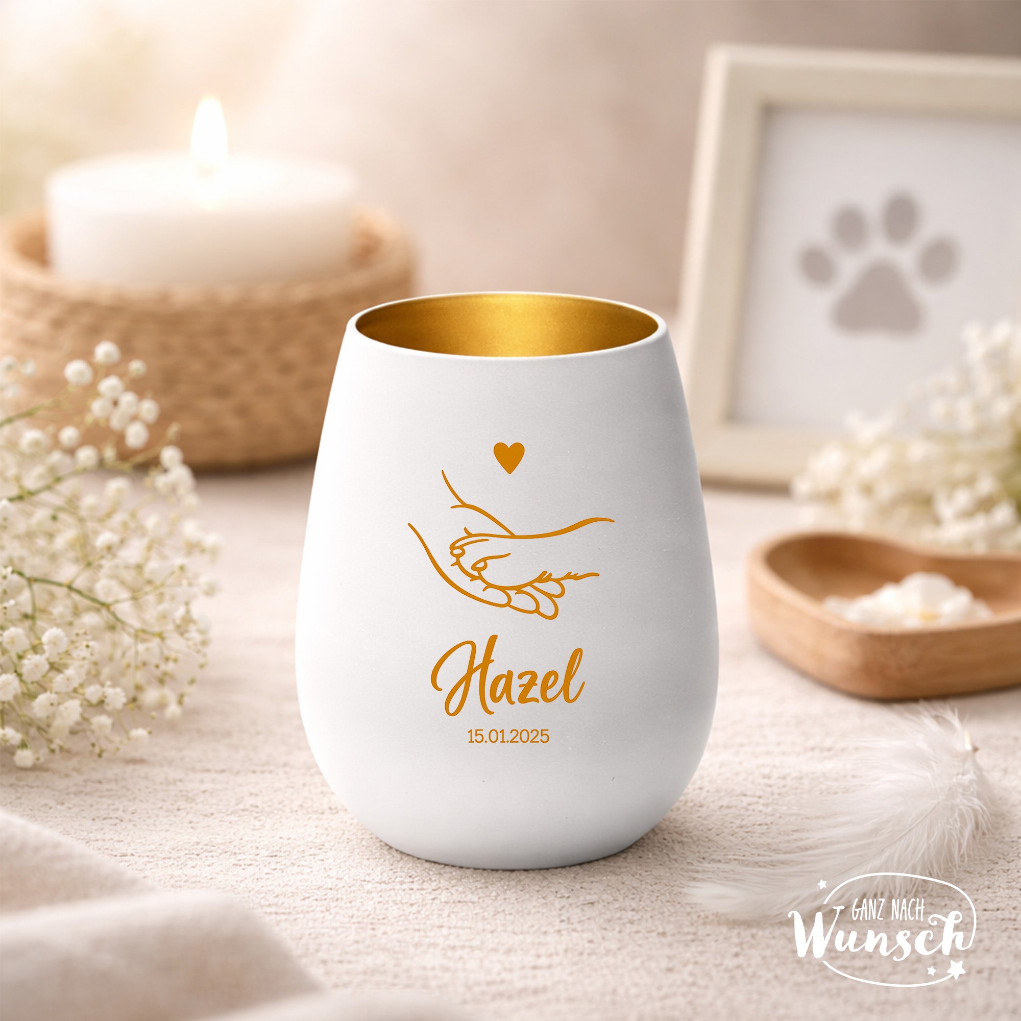 Set Tierurne & Windlicht | personalisierte Tierurne aus Glas mit Bambusdeckel | Windlicht Kristallglas Trauermotiv | Andenken Haustier